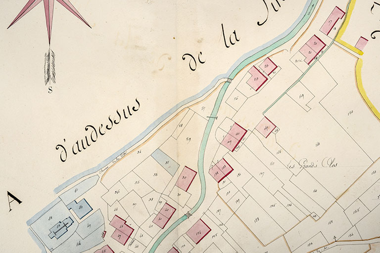 Cadastre de la commune des Gras. Atlas parcellaire, 1816, section E [détail : la Grande Rue], 1/1 250. © Région Bourgogne-Franche-Comté, Inventaire du patrimoine