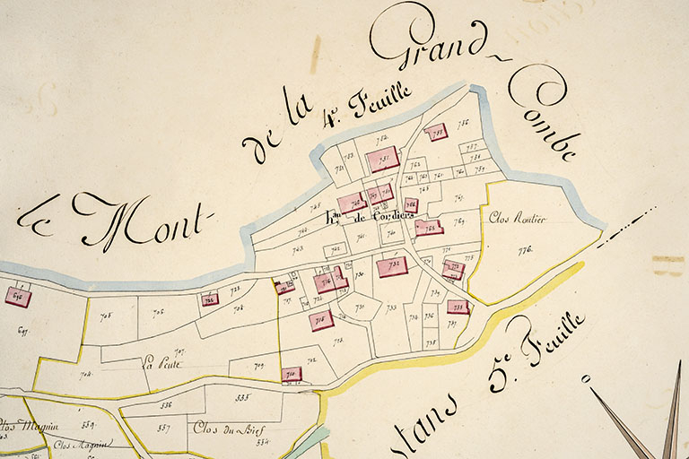 Cadastre de la commune de Grand'Combe-Châteleu. Atlas parcellaire, 1816, section B 4e feuille [détail : hameau des Cordiers], 1/2 500. © Région Bourgogne-Franche-Comté, Inventaire du patrimoine