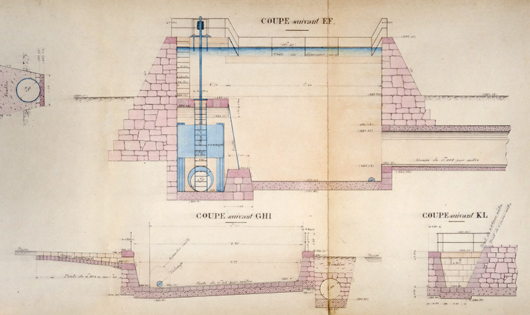 Projet d'exécution des ouvrages hydrauliques et des bâtiments. Coupes du bassin de charge  [...], 1903. © Région Bourgogne-Franche-Comté, Inventaire du patrimoine