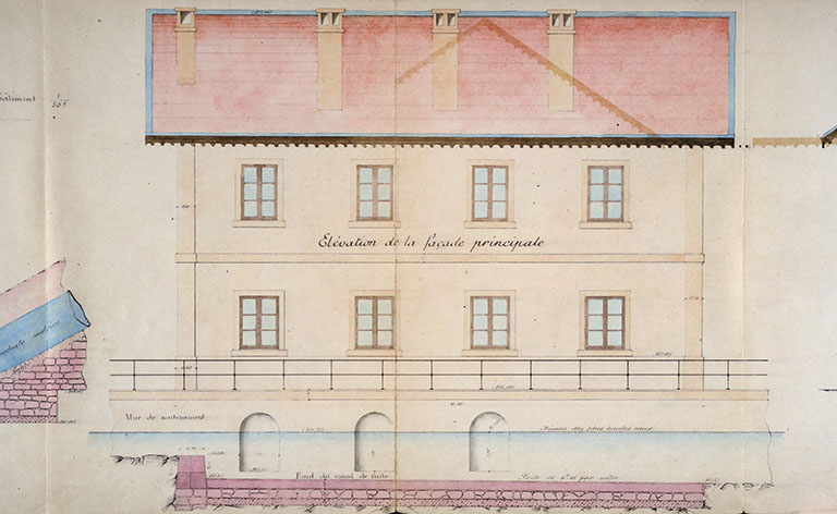 Projet d'exécution des ouvrages hydrauliques. Dessin du bâtiment [...]. Elévation de la façade principale, 1903. © Région Bourgogne-Franche-Comté, Inventaire du patrimoine