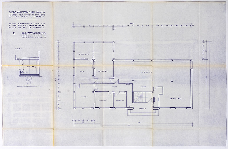 Schwartzmann Frères […] Projet d'extension des magasins et bureaux. 2. Plan du rez de chaussée [et coupe], 24 février 1966. © Région Bourgogne-Franche-Comté, Inventaire du patrimoine