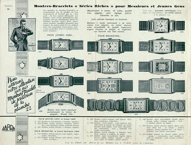 Montres-bracelets "Série riches" pour messieurs et jeunes gens, catalogue, planche 19, s.d. [2e quart 20e siècle]. © Région Bourgogne-Franche-Comté, Inventaire du patrimoine