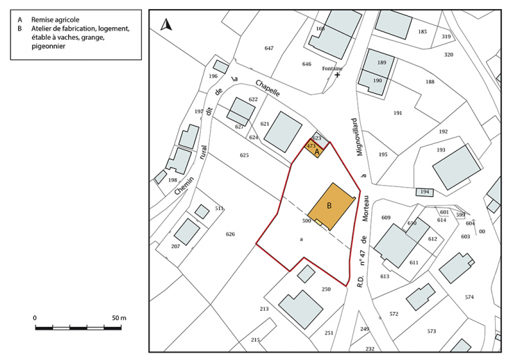 Plan-masse et de situation. Extrait du plan cadastral, 2017, section AB, 1/1 000. © Région Bourgogne-Franche-Comté, Inventaire du patrimoine