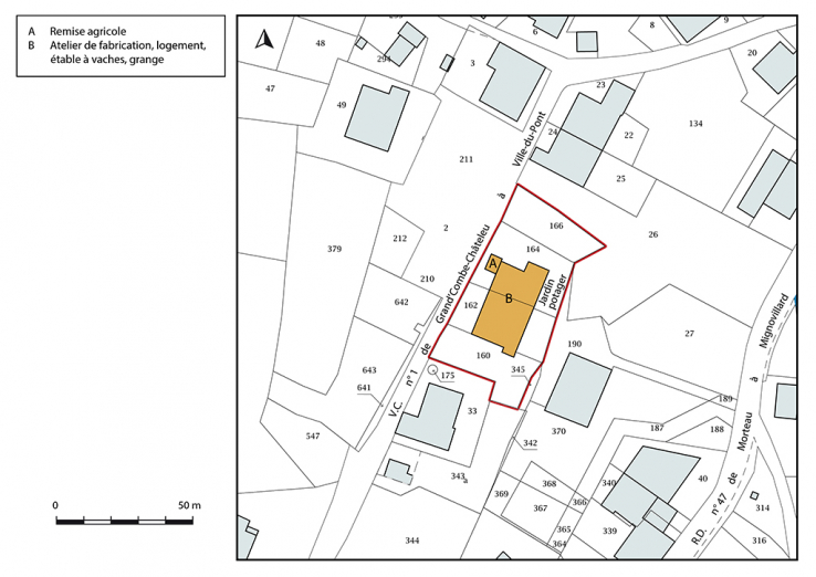 Plan-masse et de situation. Extrait du plan cadastral, 2017, section AC, 1/1 000. © Région Bourgogne-Franche-Comté, Inventaire du patrimoine Plan-masse et de situation. Extrait du plan cadastral, 2017, section AC, 1/1 000. © Région Bourgogne-Franche-Comté, Inventaire du patrimoine