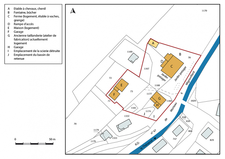 Plan-masse et de situation. Extrait du plan cadastral, 2017, section B, 1/2 500 agrandi à 1/1 000. © Région Bourgogne-Franche-Comté, Inventaire du patrimoine
