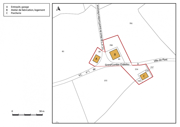 Plan-masse et de situation. Extrait du plan cadastral, 2017, section A, 1/2 500 agrandi à 1/1 000. © Région Bourgogne-Franche-Comté, Inventaire du patrimoine