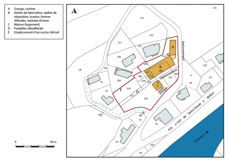 Plan-masse et de situation. Extrait du plan cadastral, 2016, section AE, 1/1 000. © Région Bourgogne-Franche-Comté, Inventaire du patrimoine