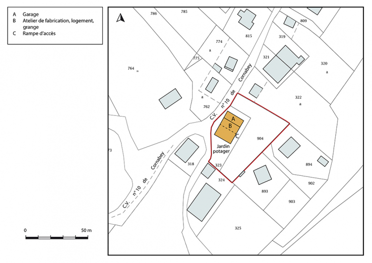 Plan-masse et de situation. Extrait du plan cadastral, 2017, section B, 1/2 500 agrandi à 1/1 000. © Région Bourgogne-Franche-Comté, Inventaire du patrimoine