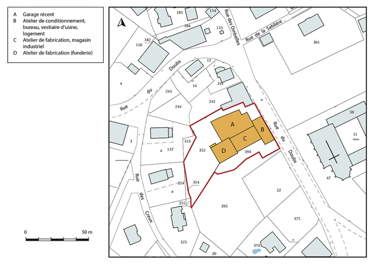 Plan-masse et de situation. Extrait du plan cadastral, 2016, section AB, 1/1 000. © Région Bourgogne-Franche-Comté, Inventaire du patrimoine Plan-masse et de situation. Extrait du plan cadastral, 2016, section AB, 1/1 000. © Région Bourgogne-Franche-Comté, Inventaire du patrimoine