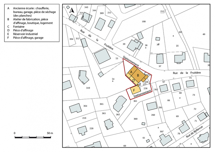 Plan-masse et de situation. Extrait du plan cadastral, 2016, section AE, 1/1 000. © Région Bourgogne-Franche-Comté, Inventaire du patrimoine