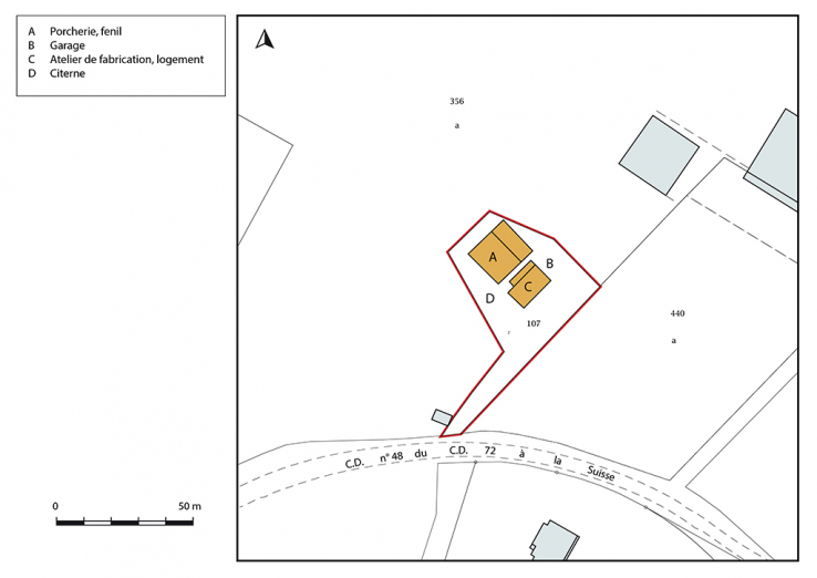 Plan-masse et de situation. Extrait du plan cadastral, 2016, section G, 1/2 500 agrandi à 1/1 000. © Région Bourgogne-Franche-Comté, Inventaire du patrimoine