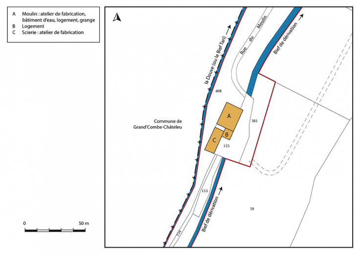 Plan-masse et de situation. Extrait du plan cadastral, 2016, section A, 1/2 500 agrandi à 1/1 000. © Région Bourgogne-Franche-Comté, Inventaire du patrimoine