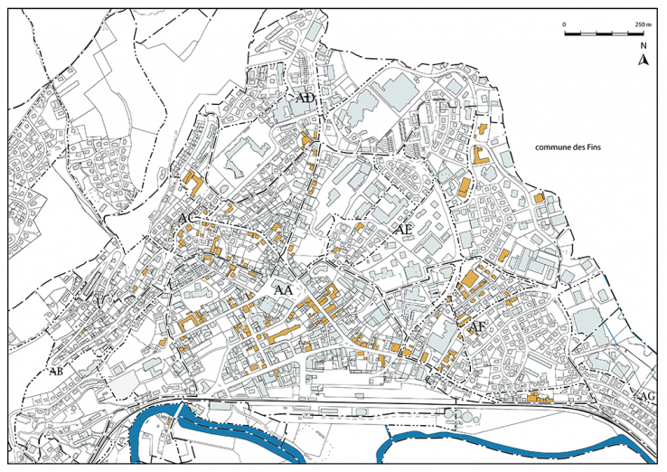 Carte de localisation des sites horlogers étudiés. Extrait du plan cadastral, 2017 et 2018, sections AA, AB, AC, AD, AE, AF, AI, réduit à 1/50 000. © Région Bourgogne-Franche-Comté, Inventaire du patrimoine