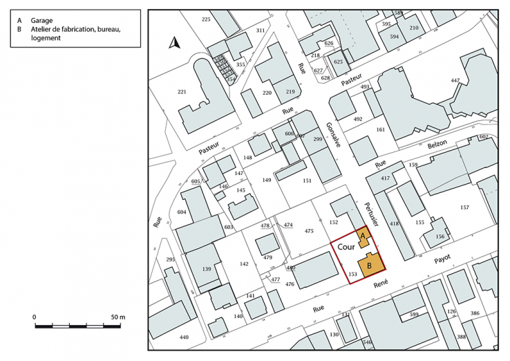 Plan-masse et de situation. Extrait du plan cadastral, 2017, section AA, 1/1 000. © Région Bourgogne-Franche-Comté, Inventaire du patrimoine