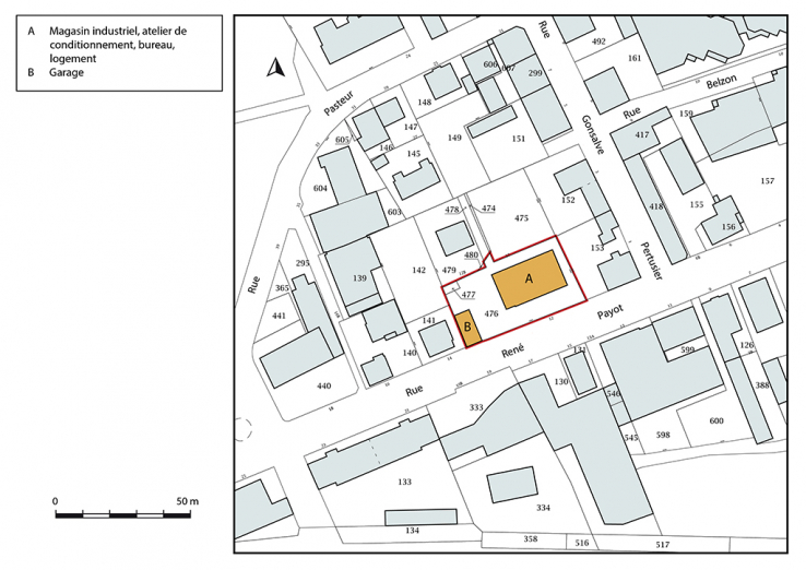 Plan-masse et de situation. Extrait du plan cadastral, 2017, section AA, 1/1 000. © Région Bourgogne-Franche-Comté, Inventaire du patrimoine