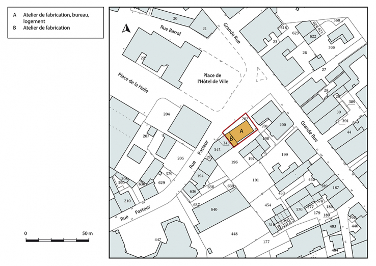 Plan-masse et de situation. Extrait du plan cadastral, 2017, section AA, 1/1 000. © Région Bourgogne-Franche-Comté, Inventaire du patrimoine