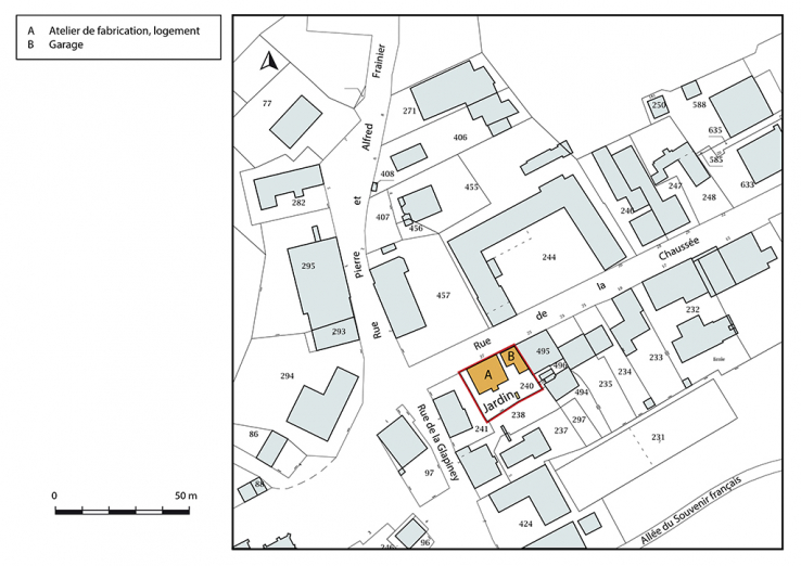 Plan-masse et de situation. Extrait du plan cadastral, 2018, section AA, 1/1 000. © Région Bourgogne-Franche-Comté, Inventaire du patrimoine