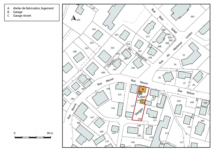 Plan-masse et de situation. Extrait du plan cadastral, 2018, section AC, 1/1 000. © Région Bourgogne-Franche-Comté, Inventaire du patrimoine