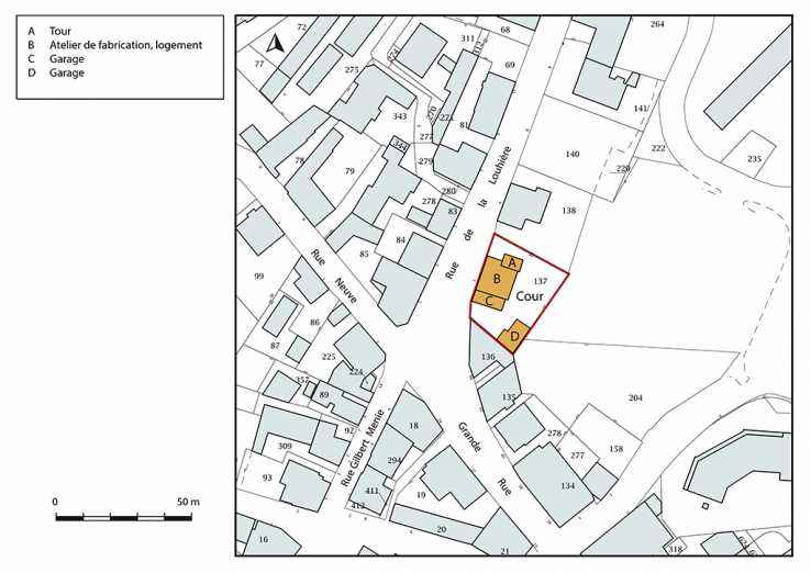 Plan-masse et de situation. Extrait du plan cadastral, 2018, section AE, 1/1 000. © Région Bourgogne-Franche-Comté, Inventaire du patrimoine