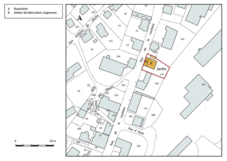 Plan-masse et de situation. Extrait du plan cadastral, 2018, section AE, 1/1 000. © Région Bourgogne-Franche-Comté, Inventaire du patrimoine