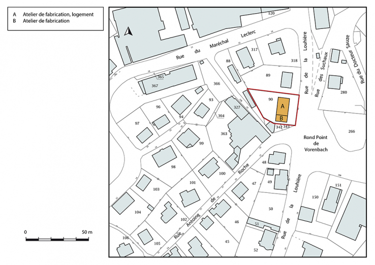 Plan-masse et de situation. Extrait du plan cadastral, 2018, section AD, 1/1 000. © Région Bourgogne-Franche-Comté, Inventaire du patrimoine Plan-masse et de situation. Extrait du plan cadastral, 2018, section AD, 1/1 000. © Région Bourgogne-Franche-Comté, Inventaire du patrimoine