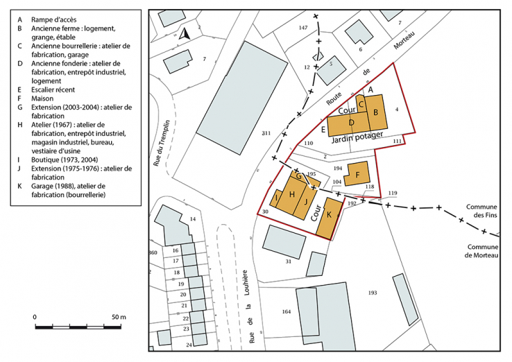 Plan-masse et de situation. Extrait du plan cadastral, 2018, Les Fins section AK et Morteau section AD, 1/1 000. © Région Bourgogne-Franche-Comté, Inventaire du patrimoine