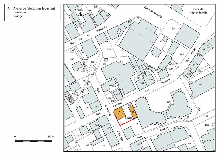 Plan-masse et de situation. Extrait du plan cadastral, 2017, section AA, 1/1 000. © Région Bourgogne-Franche-Comté, Inventaire du patrimoine