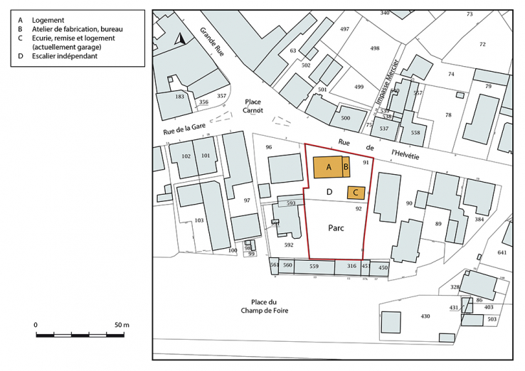 Plan-masse et de situation. Extrait du plan cadastral, 2018, section AA, 1/1 000. © Région Bourgogne-Franche-Comté, Inventaire du patrimoine