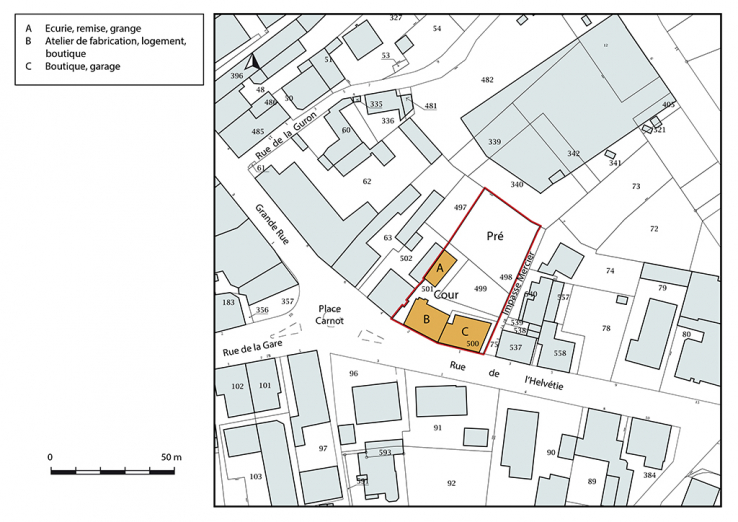 Plan-masse et de situation. Extrait du plan cadastral, 2018, section AA, 1/1 000. © Région Bourgogne-Franche-Comté, Inventaire du patrimoine