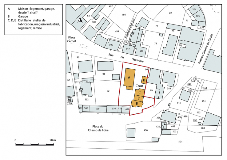 Plan-masse et de situation. Extrait du plan cadastral, 2018, section AA, 1/1 000. © Région Bourgogne-Franche-Comté, Inventaire du patrimoine