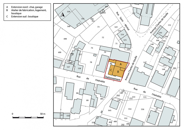 Plan-masse et de situation. Extrait du plan cadastral, 2018, section AA, 1/1 000. © Région Bourgogne-Franche-Comté, Inventaire du patrimoine