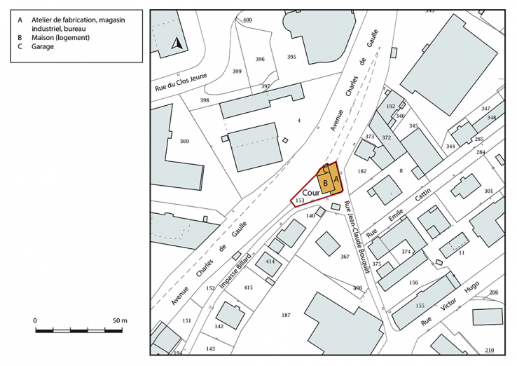 Plan-masse et de situation. Extrait du plan cadastral, 2018, section AF, 1/1 000. © Région Bourgogne-Franche-Comté, Inventaire du patrimoine