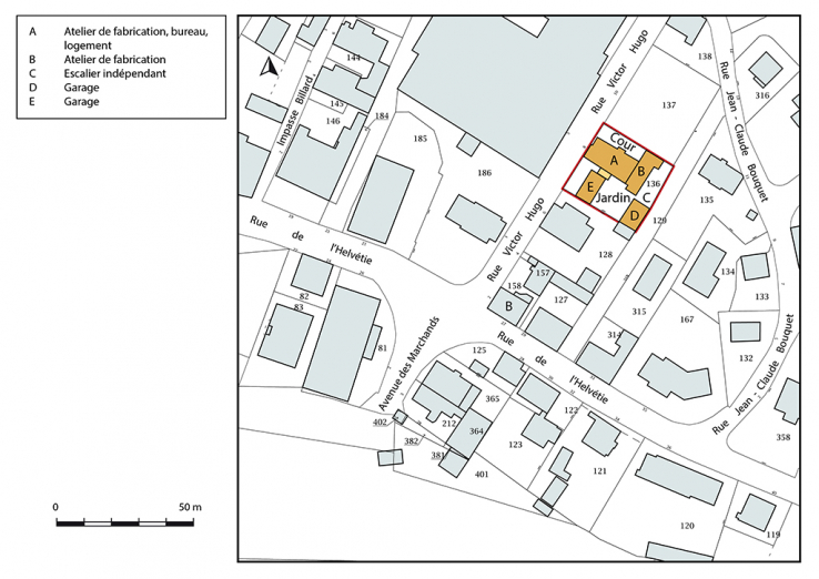 Plan-masse et de situation. Extrait du plan cadastral, 2018, section AF, 1/1 000. © Région Bourgogne-Franche-Comté, Inventaire du patrimoine