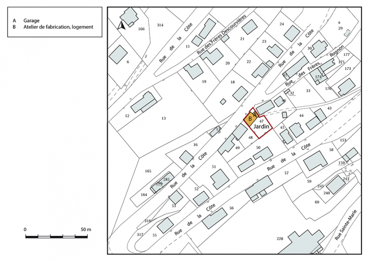 Plan-masse et de situation. Extrait du plan cadastral, 2018, section AB, 1/1 000. © Région Bourgogne-Franche-Comté, Inventaire du patrimoine