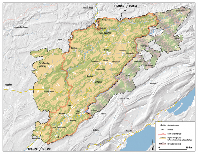 Limites du Pays horloger et emprise des PNR du Doubs horloger (en projet en France) et du Doubs (en Suisse). © Région Bourgogne-Franche-Comté, Inventaire du patrimoine Limites du Pays horloger et emprise des PNR du Doubs horloger (en projet en France) et du Doubs (en Suisse). © Région Bourgogne-Franche-Comté, Inventaire du patrimoine