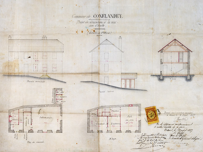 Réparations à l'école située en contrebas de la rue de l'Eglise, ce qui avait permis d'utiliser la maison uniquement en mairie, 1887. © Région Bourgogne-Franche-Comté, Inventaire du patrimoine Réparations à l'école située en contrebas de la rue de l'Eglise, ce qui avait permis d'utiliser la maison uniquement en mairie, 1887. © Région Bourgogne-Franche-Comté, Inventaire du patrimoine