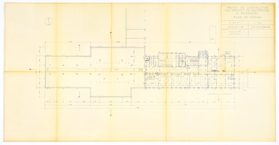 Projet de construction d’un institut de recherches à Besançon. 104. Plan du sous-sol, 11 janvier 1958. © Région Bourgogne-Franche-Comté, Inventaire du patrimoine