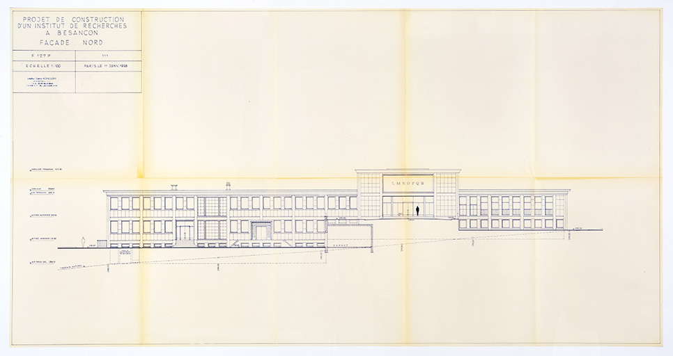 Projet de construction d’un institut de recherches à Besançon. 111. Façade nord, 11 janvier 1958. © Région Bourgogne-Franche-Comté, Inventaire du patrimoine