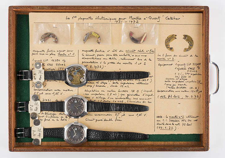 Prototypes de montres à quartz du Cetehor, présentés en 1972 : n° 1 (janvier), n° 2 (février) et n° 3 (mars). © Région Bourgogne-Franche-Comté, Inventaire du patrimoine