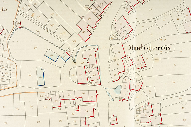 Cadastre de la commune de Montécheroux. Atlas parcellaire, 1830, section D en une feuille [détail : quartier des fontaines], 1/1 250. © Région Bourgogne-Franche-Comté, Inventaire du patrimoine