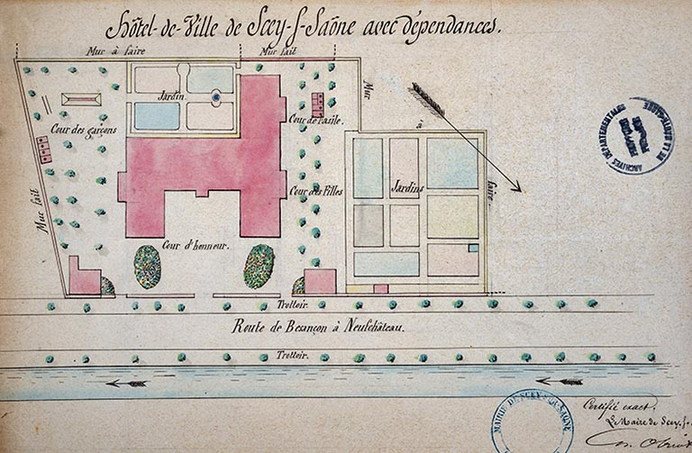 Hôtel de Ville. Plan d'ensemble de la propriété communale. 1881. © Région Bourgogne-Franche-Comté, Inventaire du patrimoine Hôtel de Ville. Plan d'ensemble de la propriété communale. 1881. © Région Bourgogne-Franche-Comté, Inventaire du patrimoine