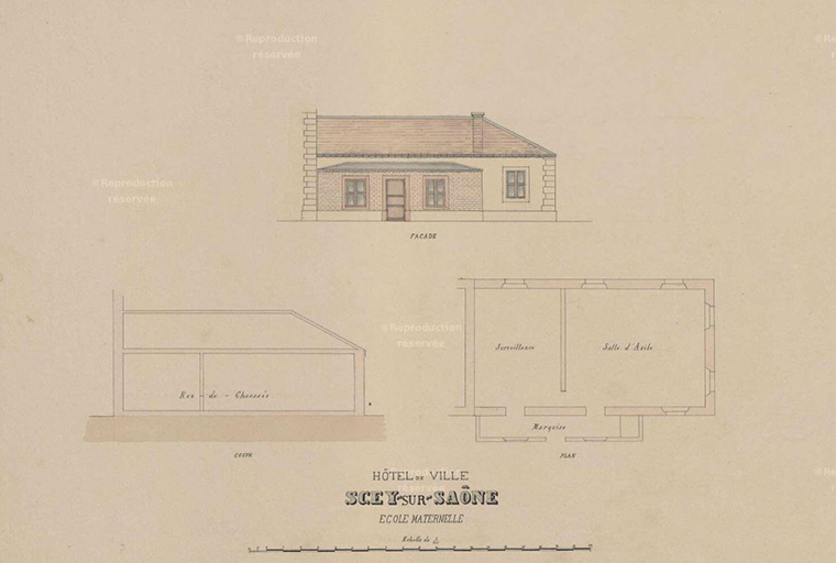 Hôtel de Ville de Scey-sur-Saône. École maternelle. Plan, coupe, façade. [1888]. 	 	 	 © Archives départementales de la Haute-Saône