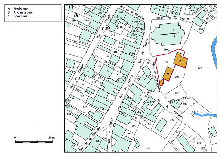 Plan-masse et de situation. Extrait du plan cadastral, 2019. © Région Bourgogne-Franche-Comté, Inventaire du patrimoine Plan-masse et de situation. Extrait du plan cadastral, 2019. © Région Bourgogne-Franche-Comté, Inventaire du patrimoine
