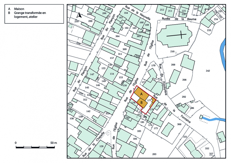 Plan-masse et de situation. Extrait du plan cadastral, 2019. © Région Bourgogne-Franche-Comté, Inventaire du patrimoine Plan-masse et de situation. Extrait du plan cadastral, 2019. © Région Bourgogne-Franche-Comté, Inventaire du patrimoine