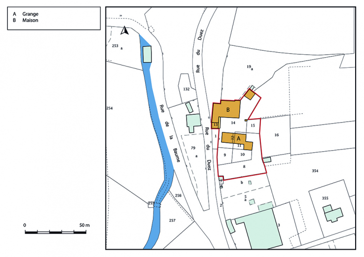 Plan-masse et de situation. Extrait du plan cadastral, 2019. © Région Bourgogne-Franche-Comté, Inventaire du patrimoine Plan-masse et de situation. Extrait du plan cadastral, 2019. © Région Bourgogne-Franche-Comté, Inventaire du patrimoine