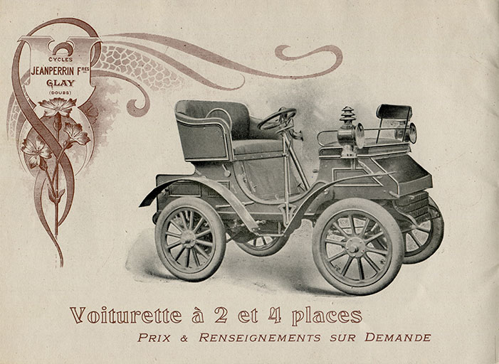 Voiturette à 2 et 4 places, [décennies 1890-1900]. Document extrait d'un catalogue de production : Automobiles, motocyclettes, vélocipèdes Jeanperrin Frères [...] © Région Bourgogne-Franche-Comté, Inventaire du patrimoine