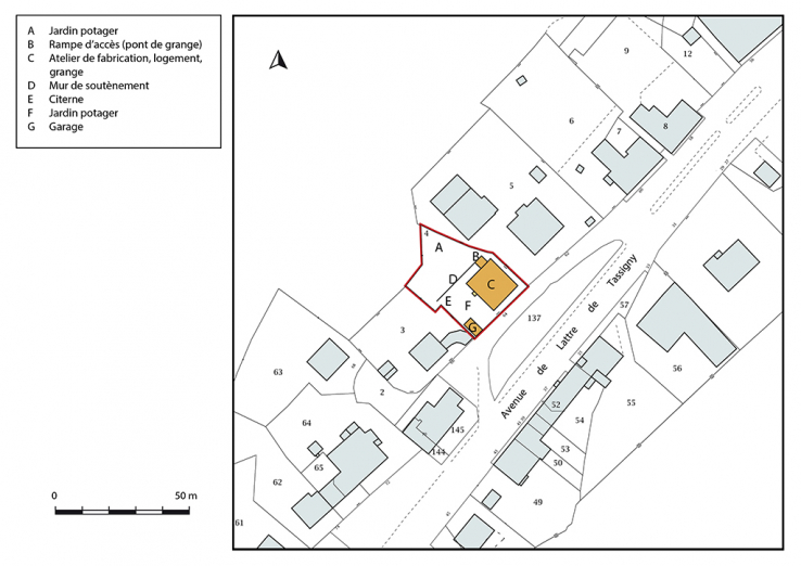 Plan-masse et de situation. Extrait du plan cadastral, 2018, section AB. © Région Bourgogne-Franche-Comté, Inventaire du patrimoine