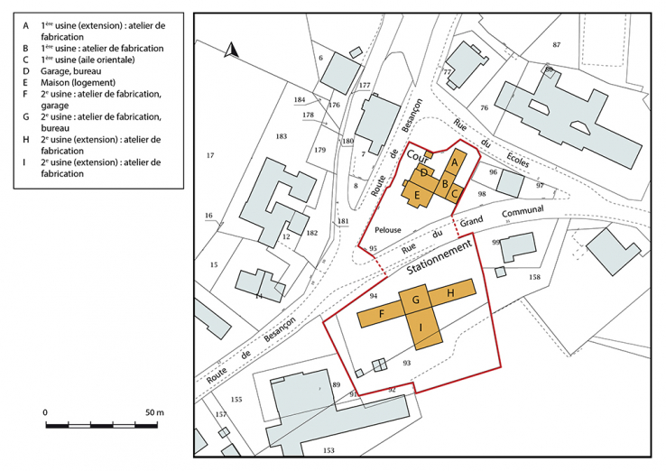 Plan-masse et de situation. Extrait du plan cadastral, 2018, section AE. © Région Bourgogne-Franche-Comté, Inventaire du patrimoine