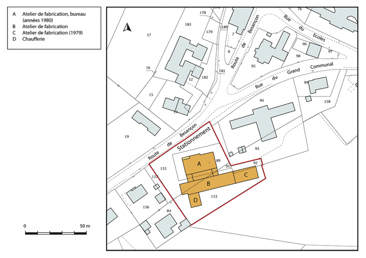 Plan-masse et de situation. Extrait du plan cadastral, 2018, section AE. © Région Bourgogne-Franche-Comté, Inventaire du patrimoine