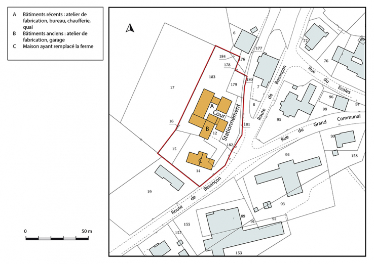 Plan-masse et de situation. Extrait du plan cadastral, 2018, section AE. © Région Bourgogne-Franche-Comté, Inventaire du patrimoine Plan-masse et de situation. Extrait du plan cadastral, 2018, section AE. © Région Bourgogne-Franche-Comté, Inventaire du patrimoine